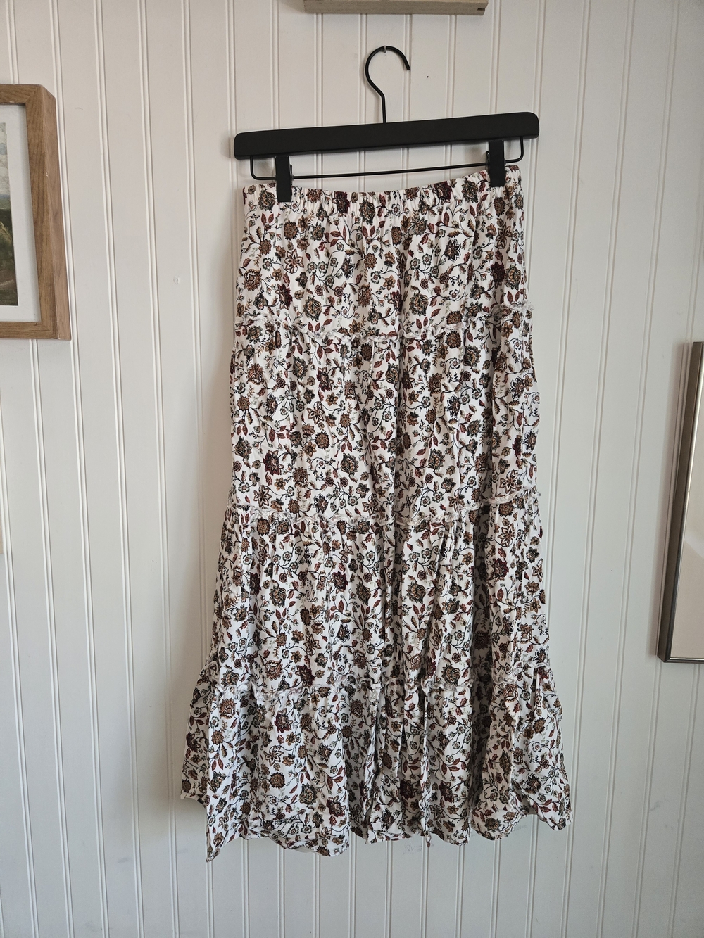 RSQ Floral Boho Cottagecore Tiered Maxi Skirt in Cream and Brown